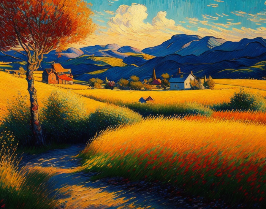 Stylized landscape painting: Golden fields, red tree, distant houses, dynamic blue sky.
