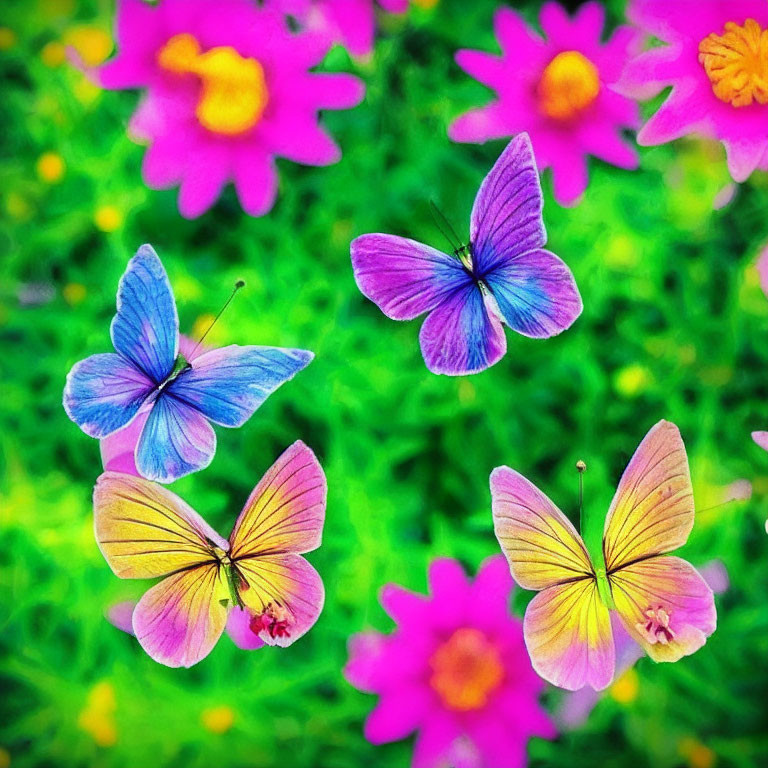 Colorful butterflies on pink floral background.