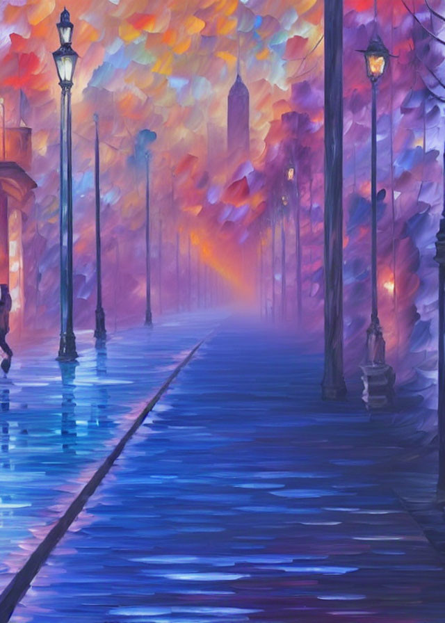 Colorful painting of wet street with street lamps, autumn foliage, and city silhouette