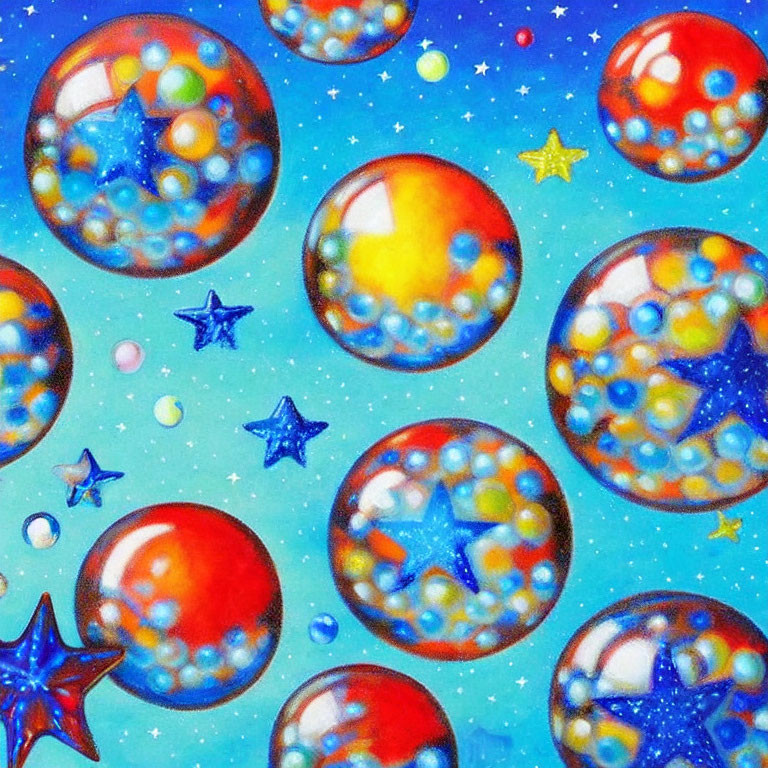 Vibrant painting of translucent spheres and stars on blue background