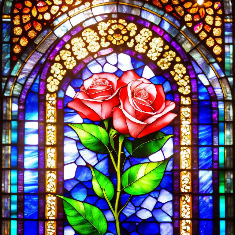 Colorful Stained Glass Window Featuring Red Roses and Intricate Patterns