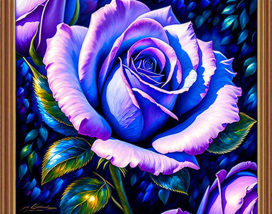Colorful digital artwork: purple and blue rose with detailed petals and green leaves