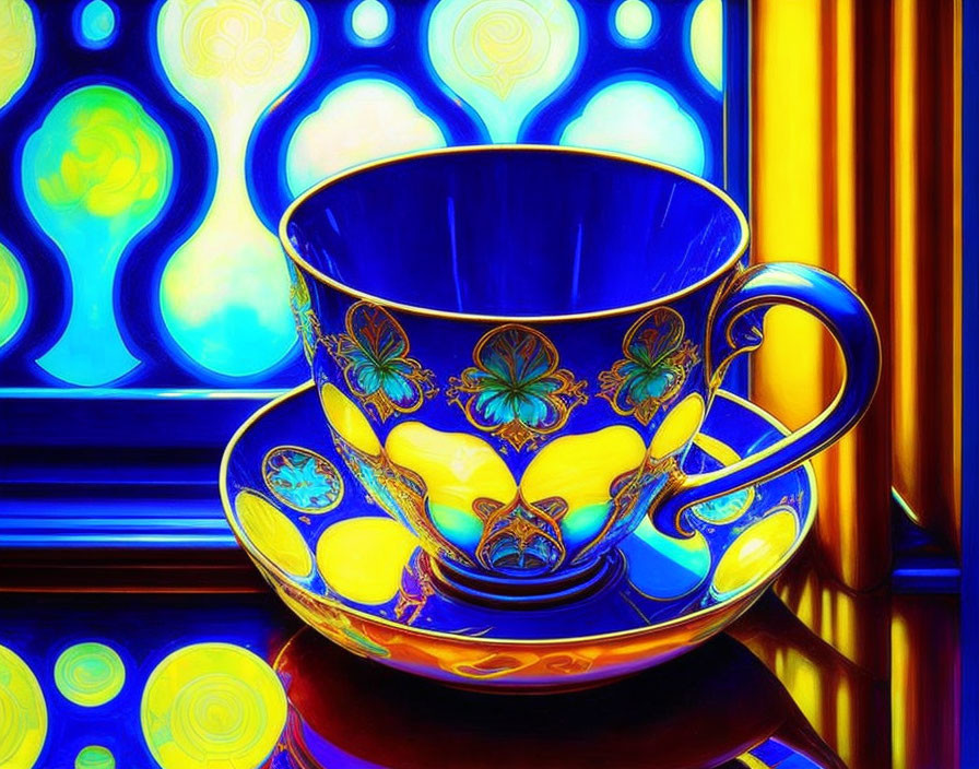 Colorful Teacup and Saucer Set on Neon Stained-Glass Background