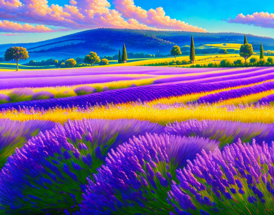 Scenic landscape: rolling hills of blooming lavender under colorful sky