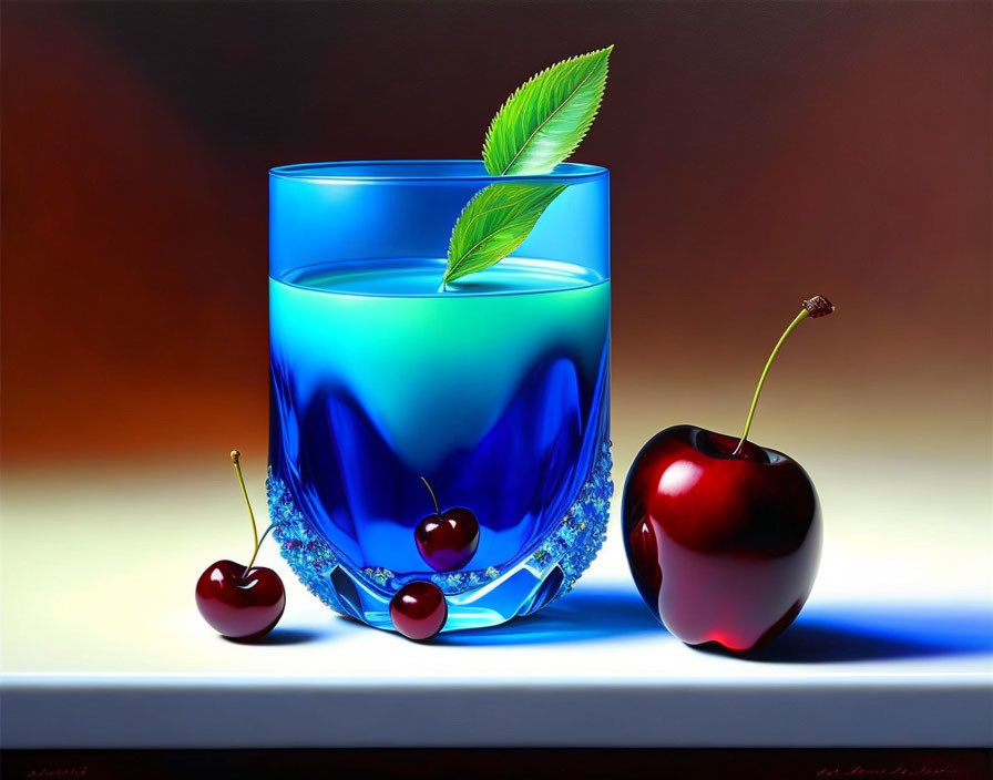 Hyperrealistic Painting of Glass with Blue Liquid, Green Leaf, and Cherries