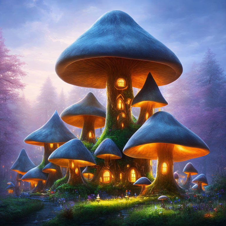 Enchanting Twilight Forest Scene with Oversized Mushroom House