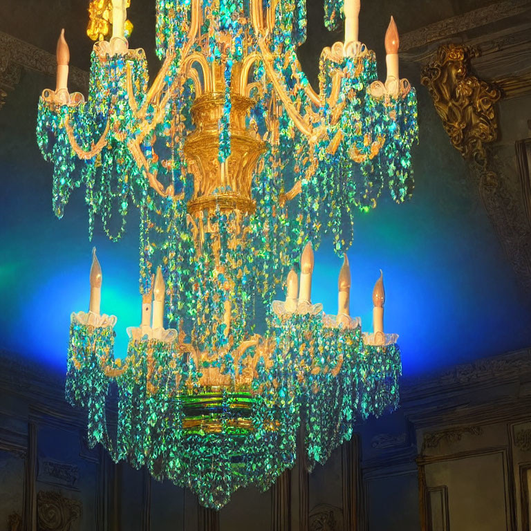 Golden chandelier with blue crystals in elegant room