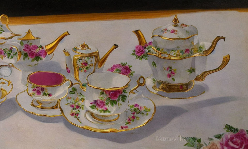 Porcelain Tea Set with Gold Trim and Floral Pattern on Display