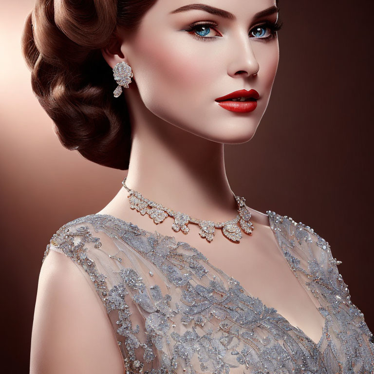Stylish woman with elegant updo, blue eyes, red lipstick