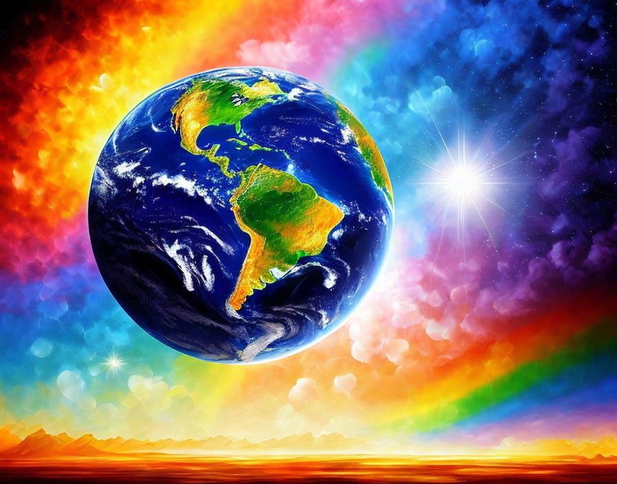Colorful Cosmic Earth Scene with Rainbow and Sun