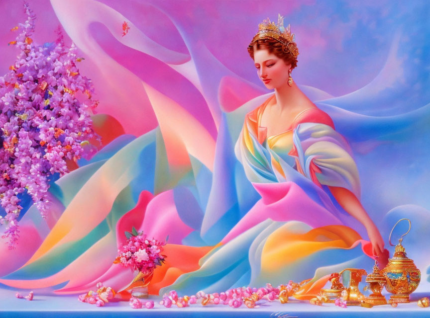 Ethereal painting of a woman with golden crown and vibrant surroundings