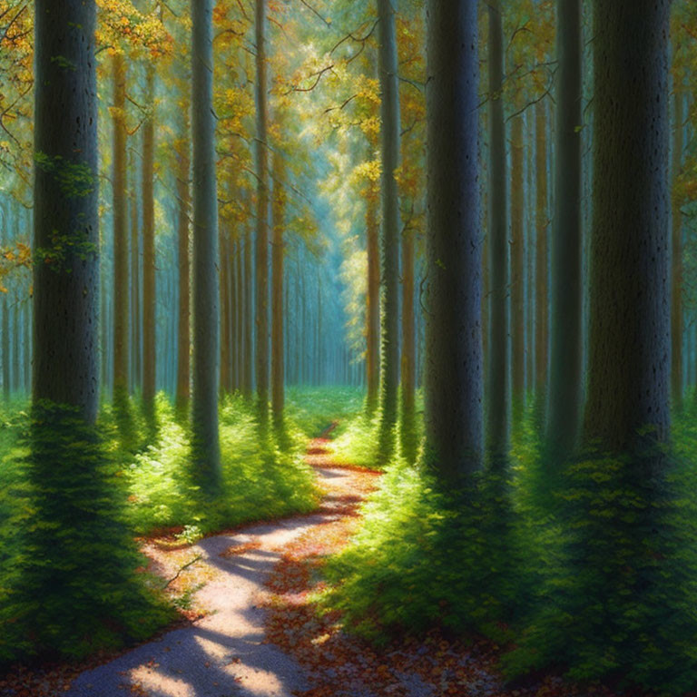 Sunlit forest path with tall trees and fallen leaves.