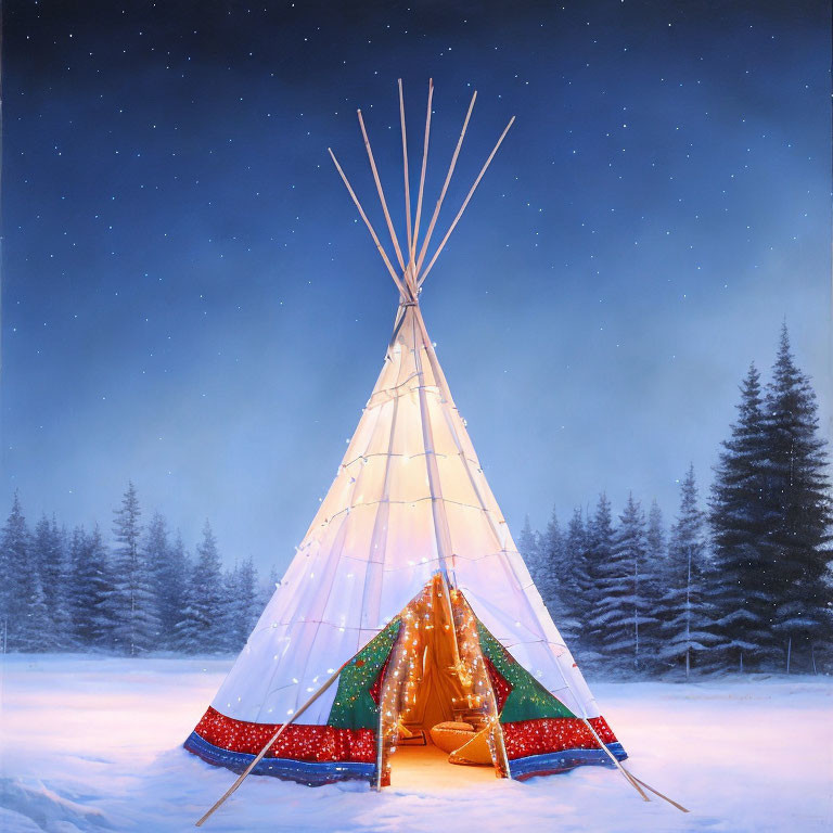 Traditional illuminated teepee in snowy night landscape