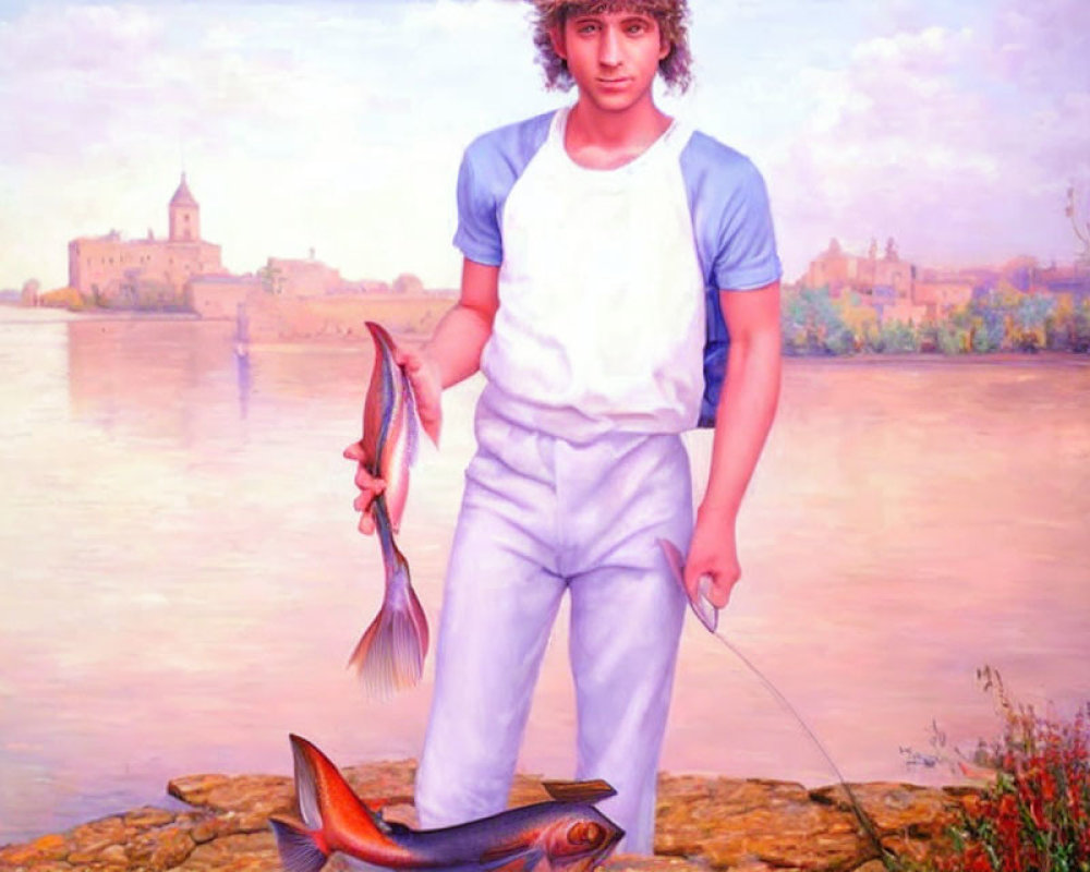 Young man with fishing rod and fish by calm river and historic building