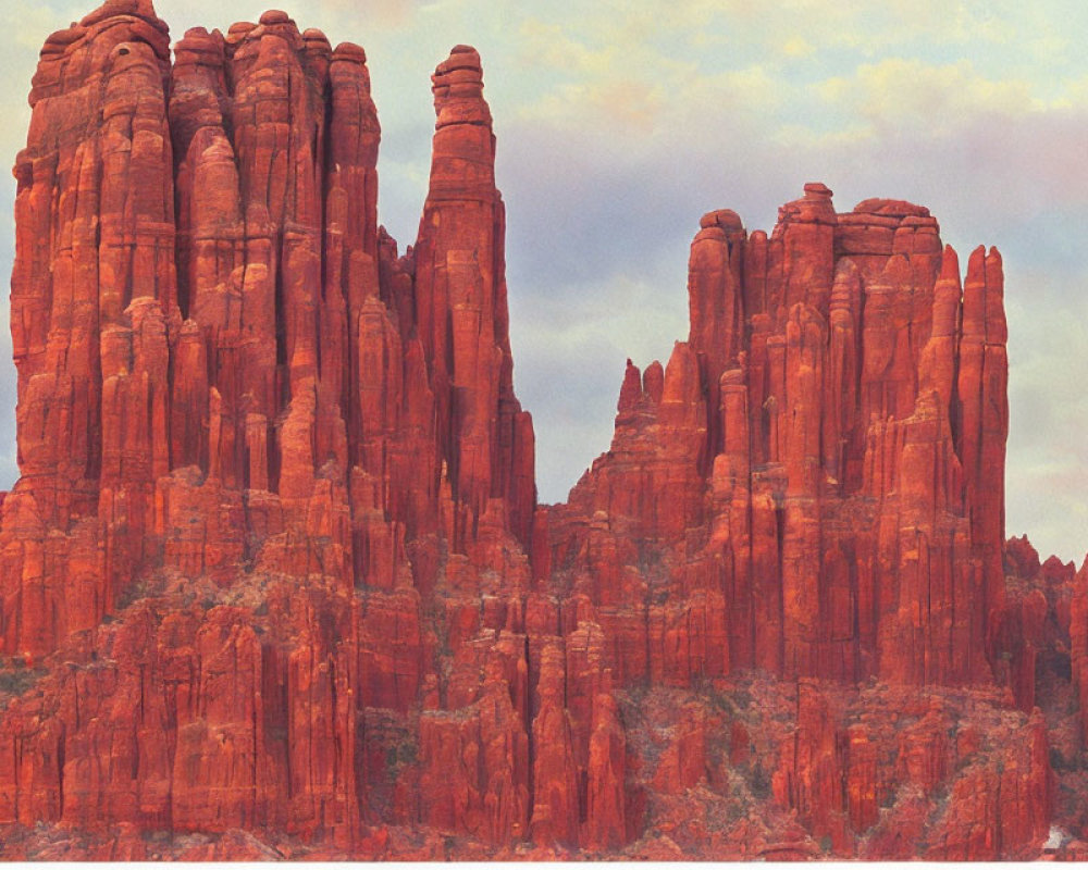 Majestic red rock formations under pink-tinged dusk sky