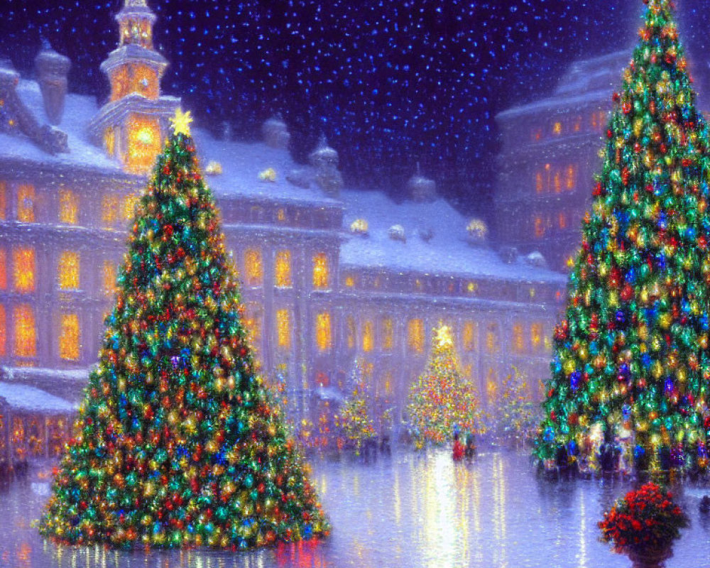 Snowy Christmas town square at night with twinkling trees