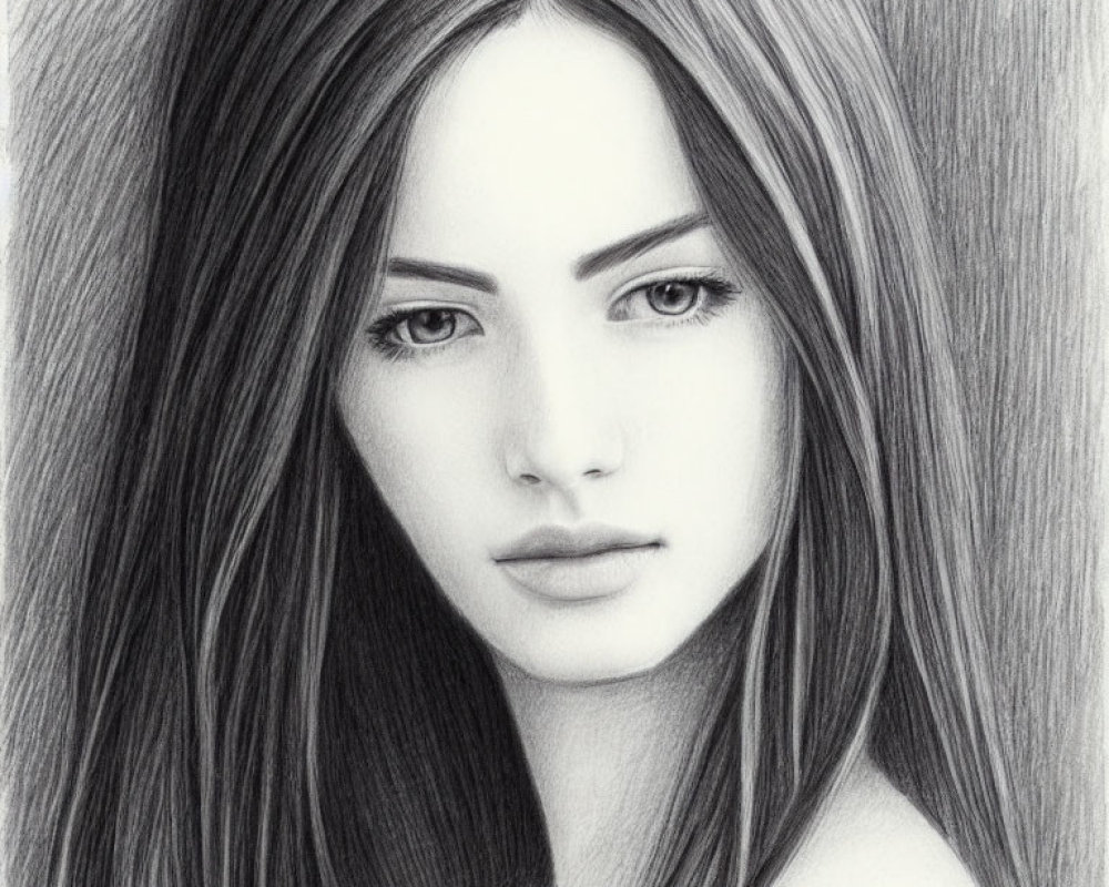 Detailed pencil sketch of a woman with long hair and intense gaze