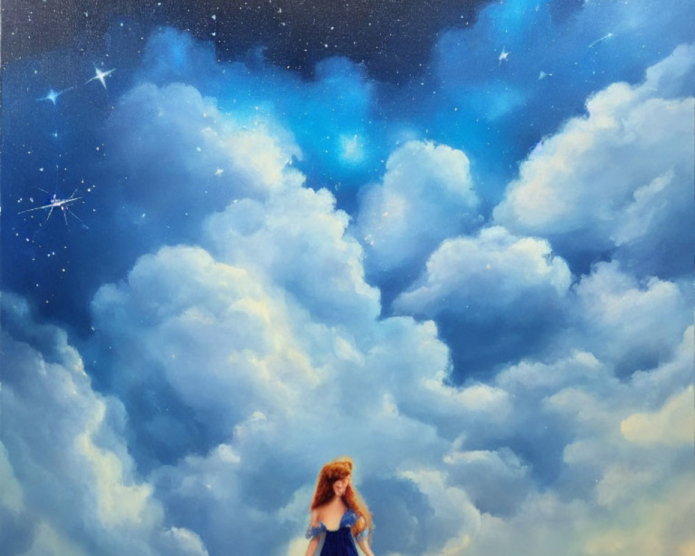 Woman in Blue Dress Contemplating Starry Sky