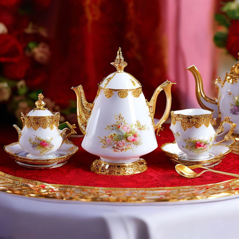 Porcelain Tea Set with Gold Trim and Floral Design on Red Cloth