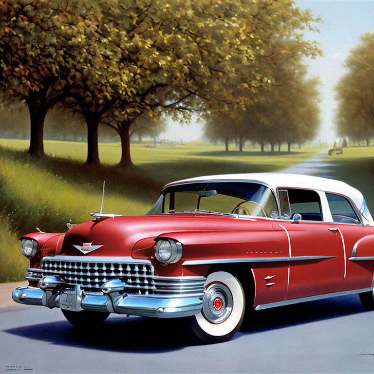Vintage Red Cadillac Parked on Tree-Lined Road