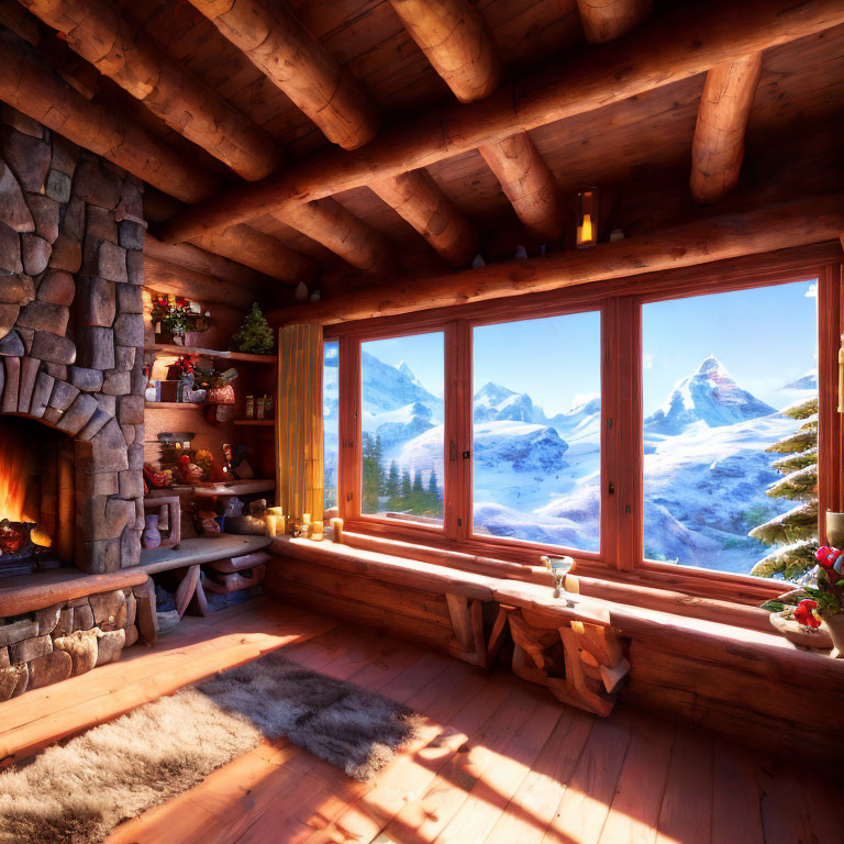 Rustic wooden cabin interior with fireplace, snowy mountain view, and sunny skies