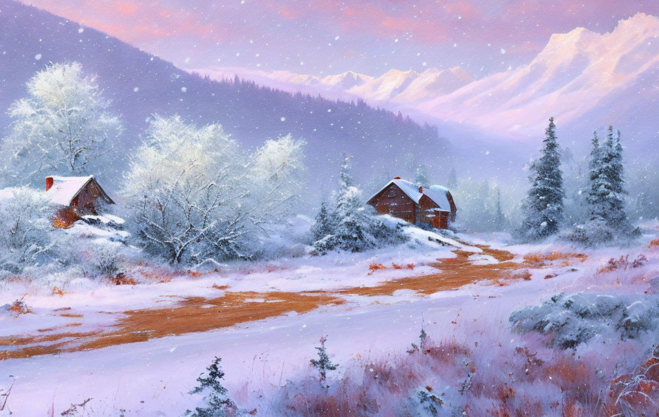 Snowy landscape with cabins, frost-covered trees, and mountains in soft glow