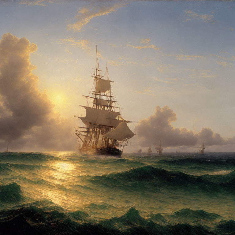 Sailing ship in turbulent green seas at sunset