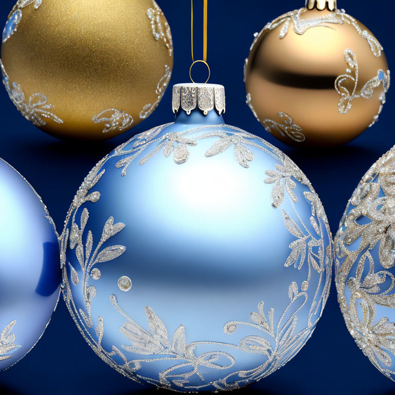 Intricate Gold Pattern Christmas Balls on Blue Background
