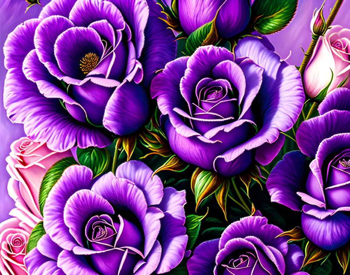 Vibrant Purple Roses and Green Leaves on Violet Background