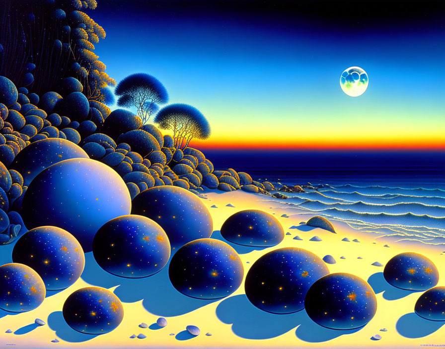 Surreal landscape with reflective spheres on beach under night sky