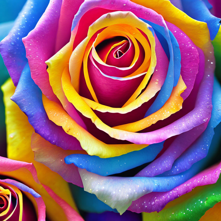 Vibrantly colored rainbow rose with pink, yellow, blue, and purple petals.