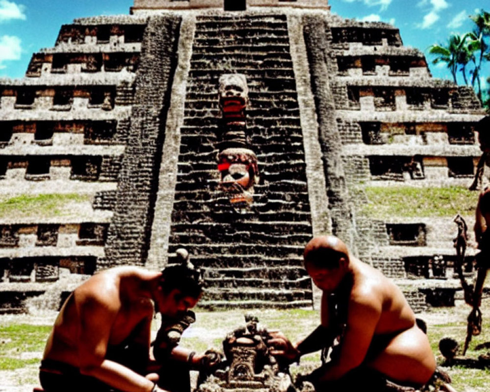 Traditional attire individuals perform ritual at ancient stepped pyramid