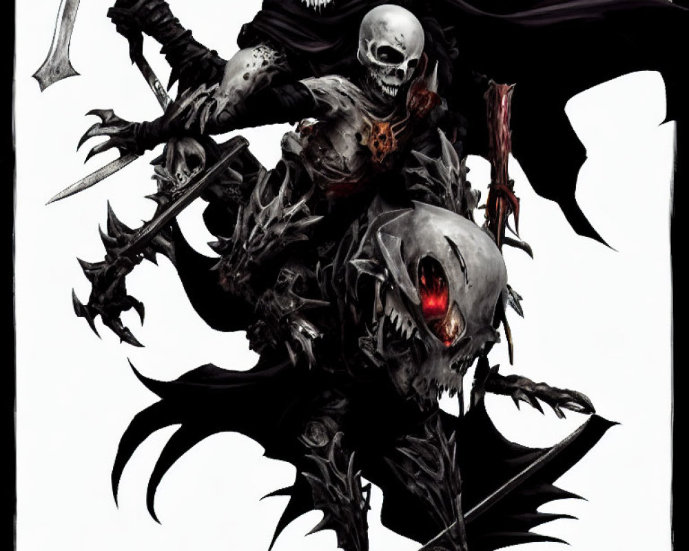 Skeletal warrior with red eyes and sword in dark armor
