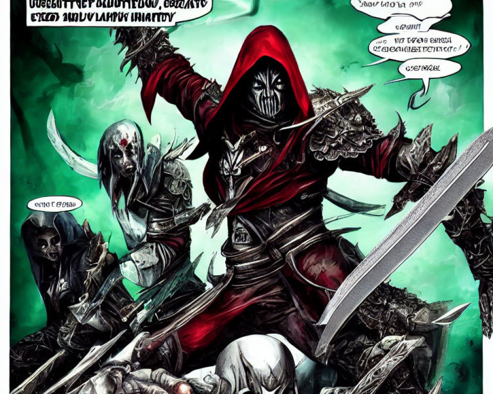 Menacing figure in red cloak with weapons and dark energy.
