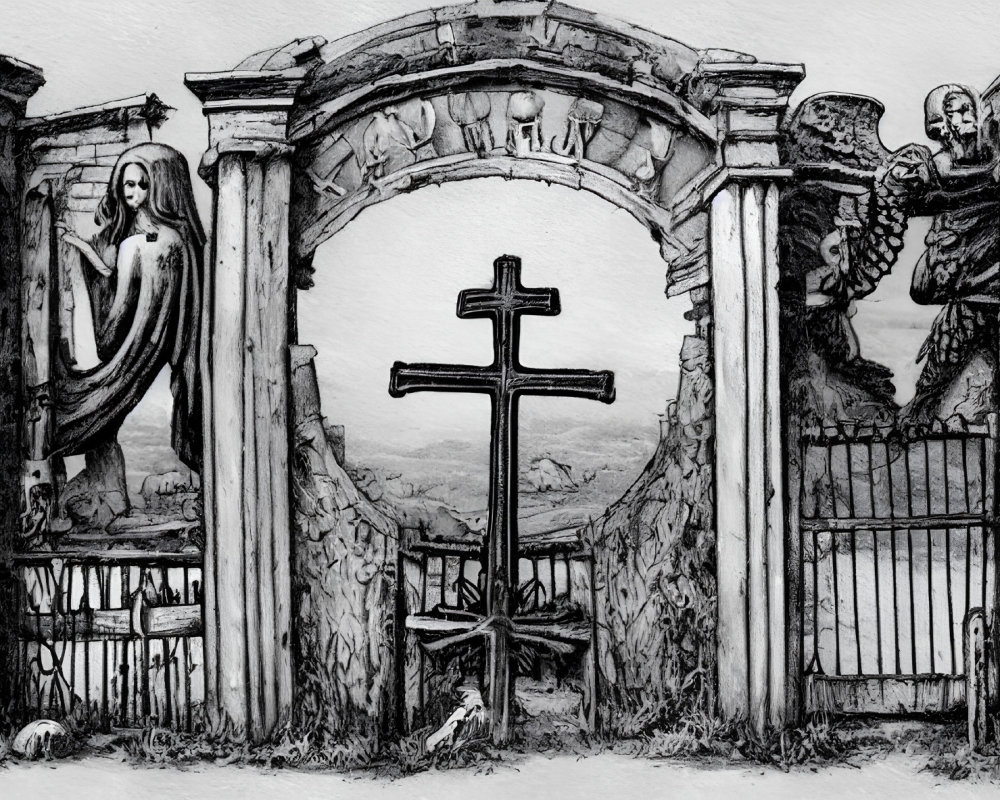 Monochrome art featuring angel, cross, skull, and enigmatic figure in gothic setting.