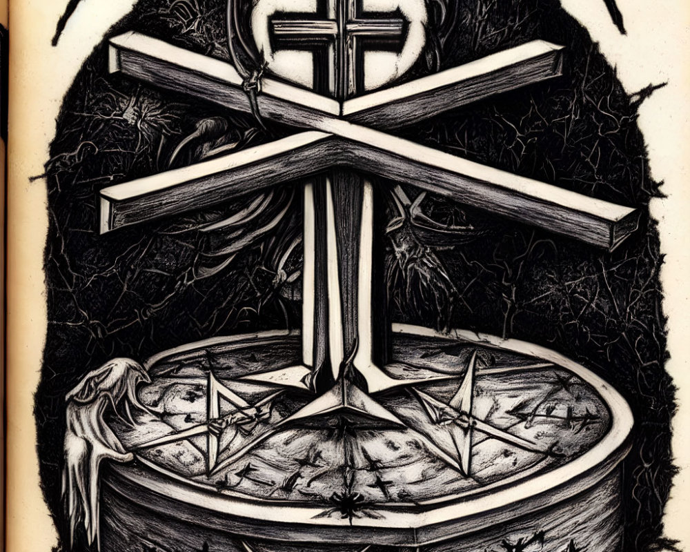Gothic illustration: Cross, swords, thorn branches, occult symbols on round table