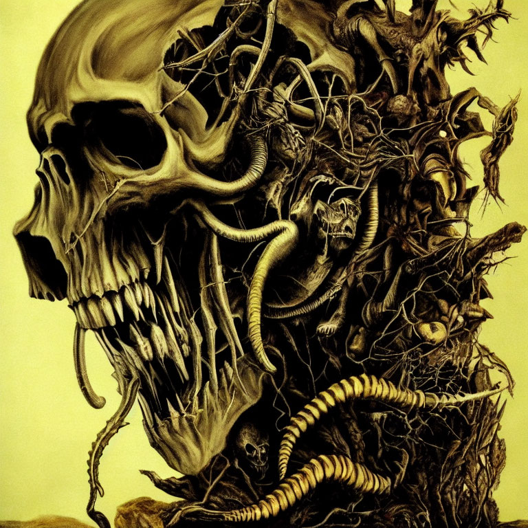 Macabre human skull with vines, serpents, and skeletal figures in gothic style