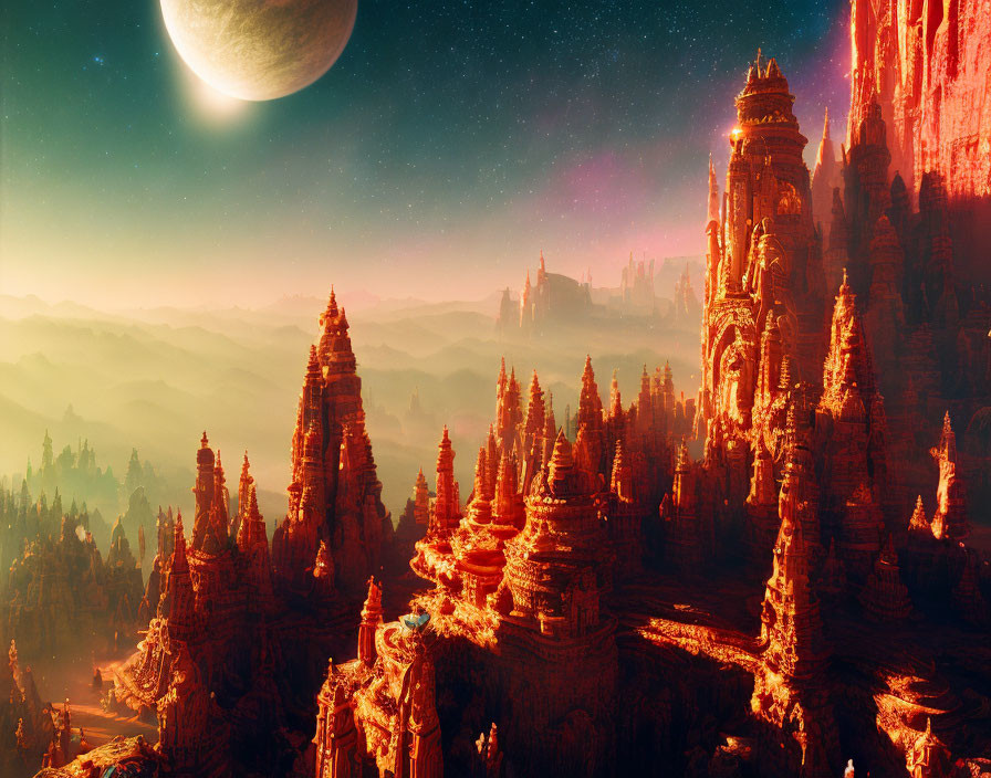 Fantastical red rock spires under starry sky with large moon.