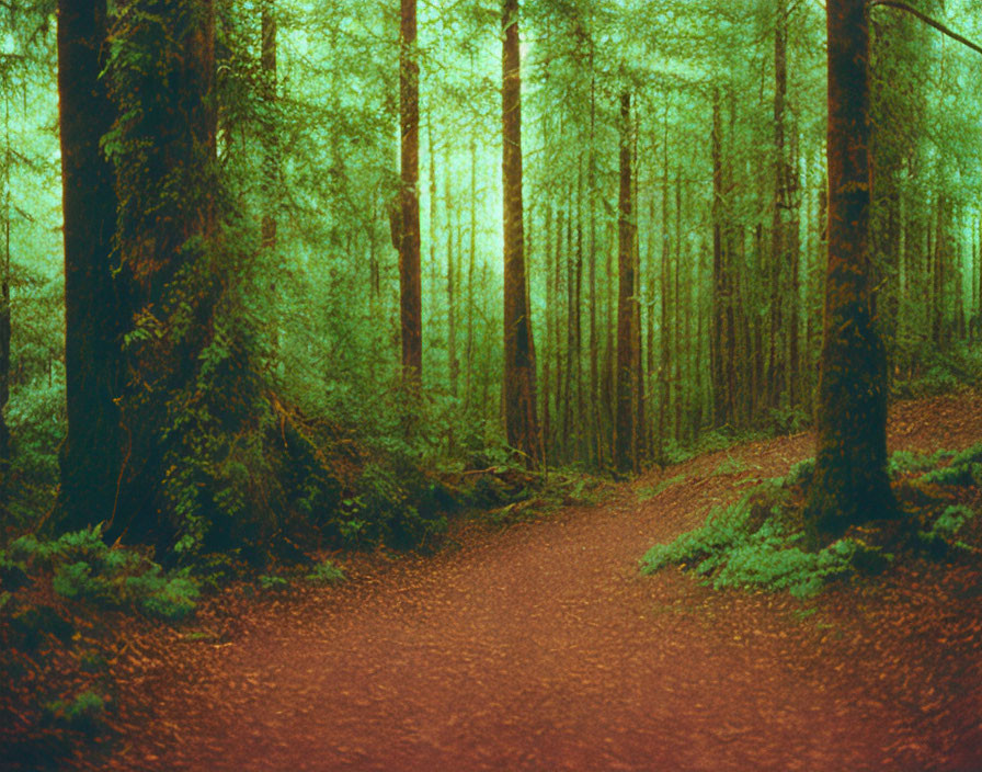 Tranquil forest path with tall trees and green canopy glow