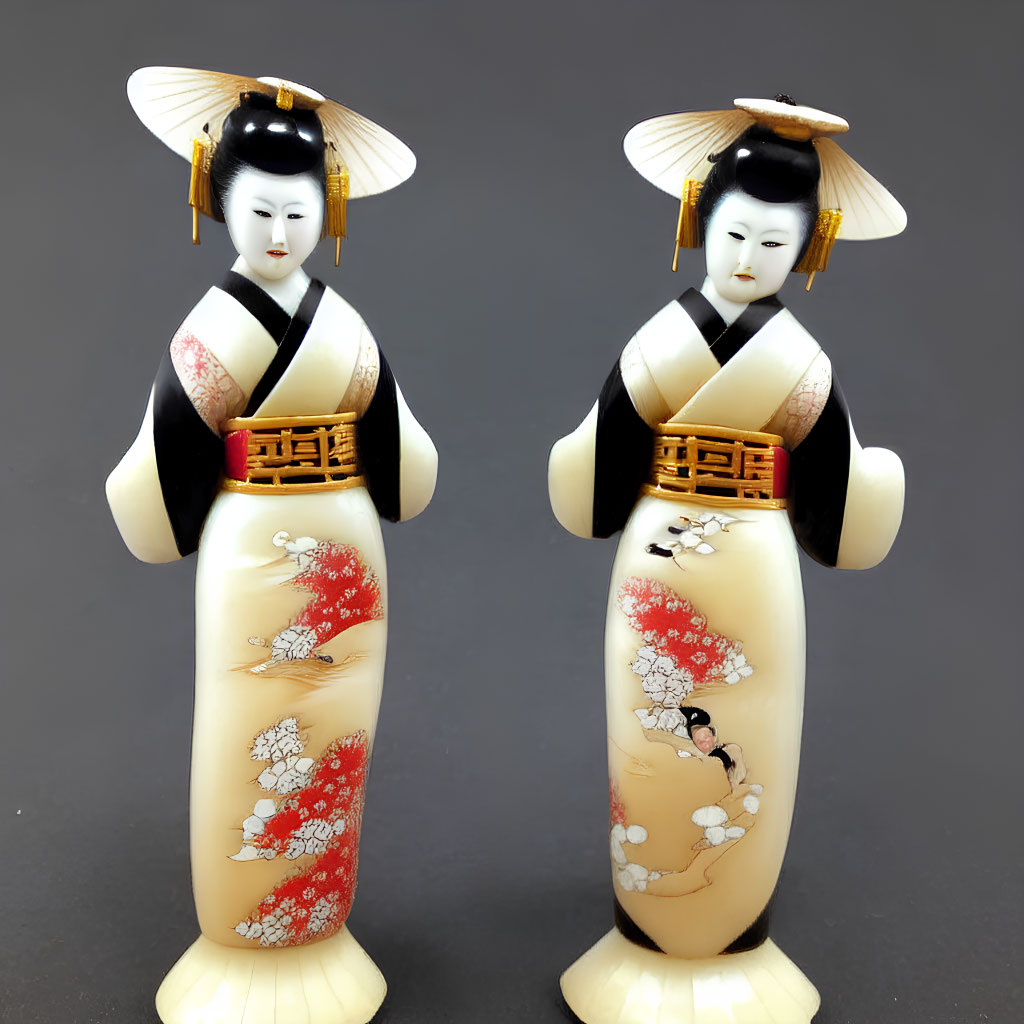 Traditional Japanese Geisha Dolls in Kimonos with Floral Patterns