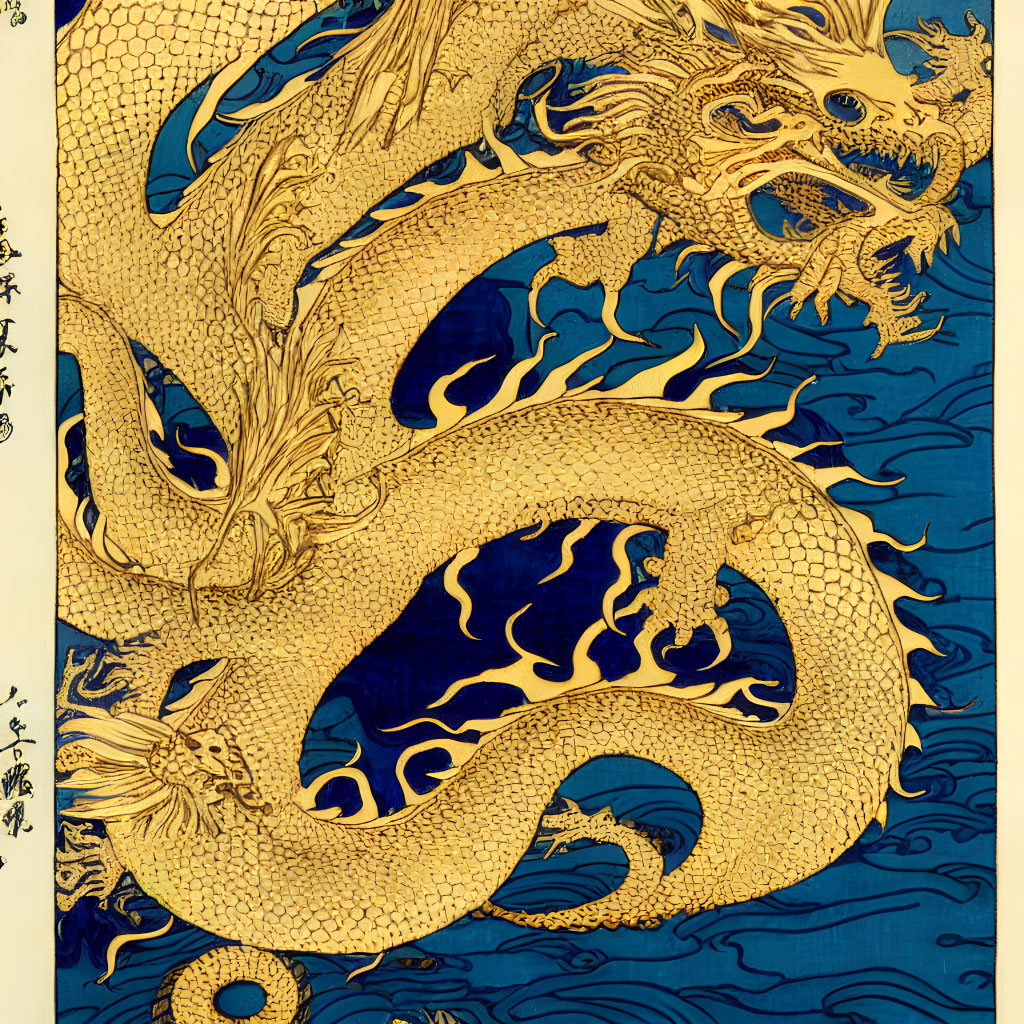 Traditional Asian Golden Dragon Coiling Through Blue Waves on Yellow Background