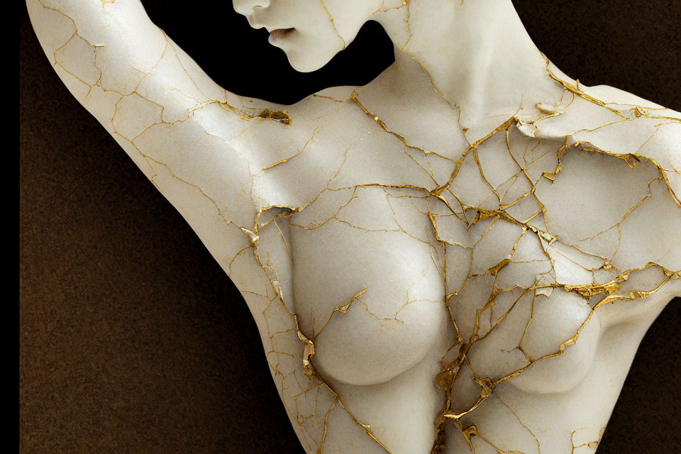 Cracked sculpture with gold-filled fissures resembling kintsugi