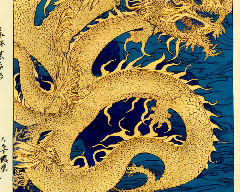 Traditional Asian Golden Dragon Coiling Through Blue Waves on Yellow Background