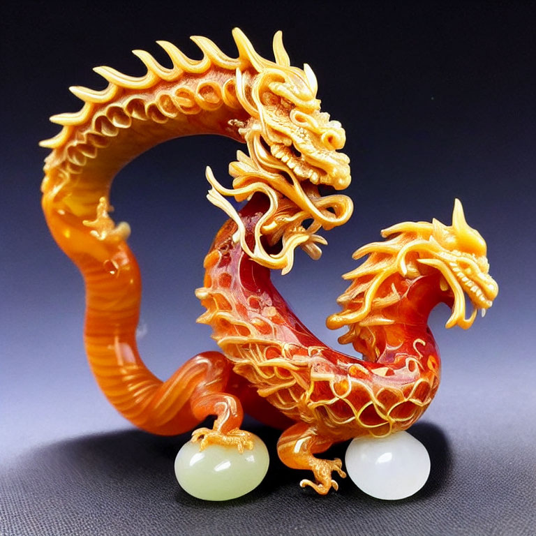 Vibrant Orange and Yellow Jadeite Chinese Dragon Carving with Two Orbs