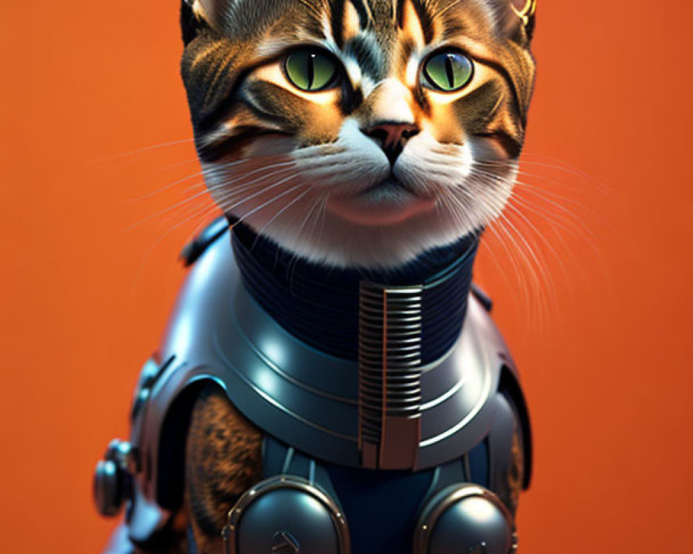 Futuristic robotic cat with metallic body on orange background