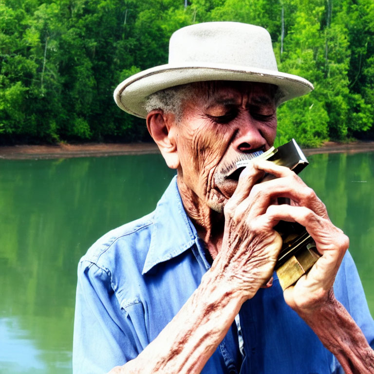 bluesman playing harmonica 