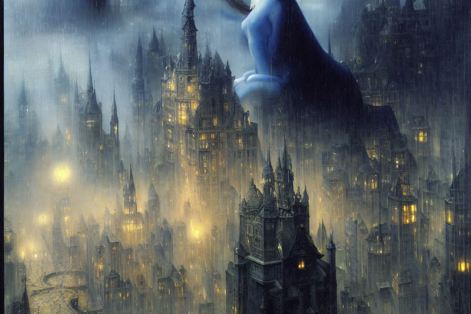 Eerie ghostly figure over misty gothic cityscape at twilight