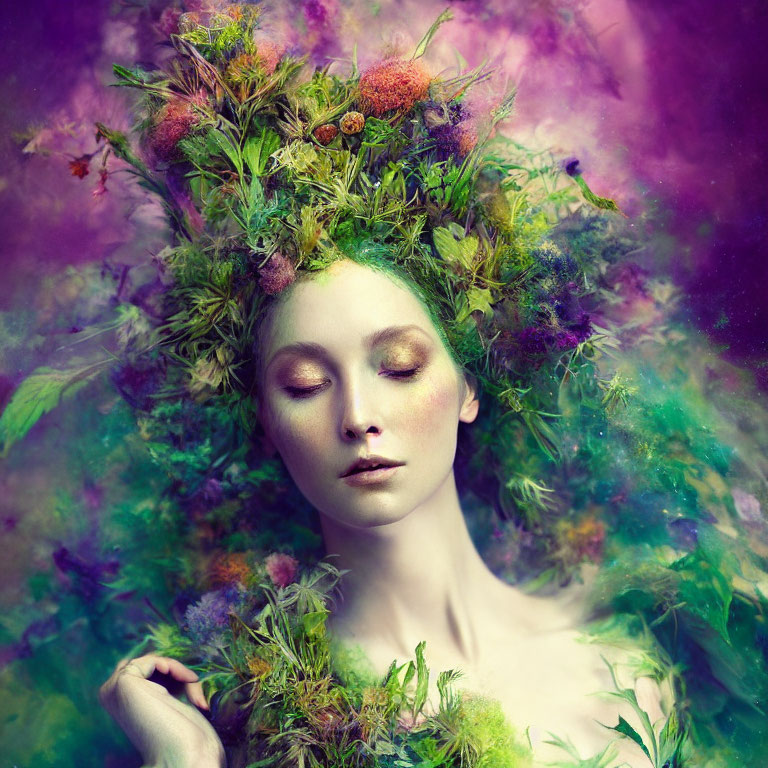 Serene woman with floral headpiece in mist of purple and green
