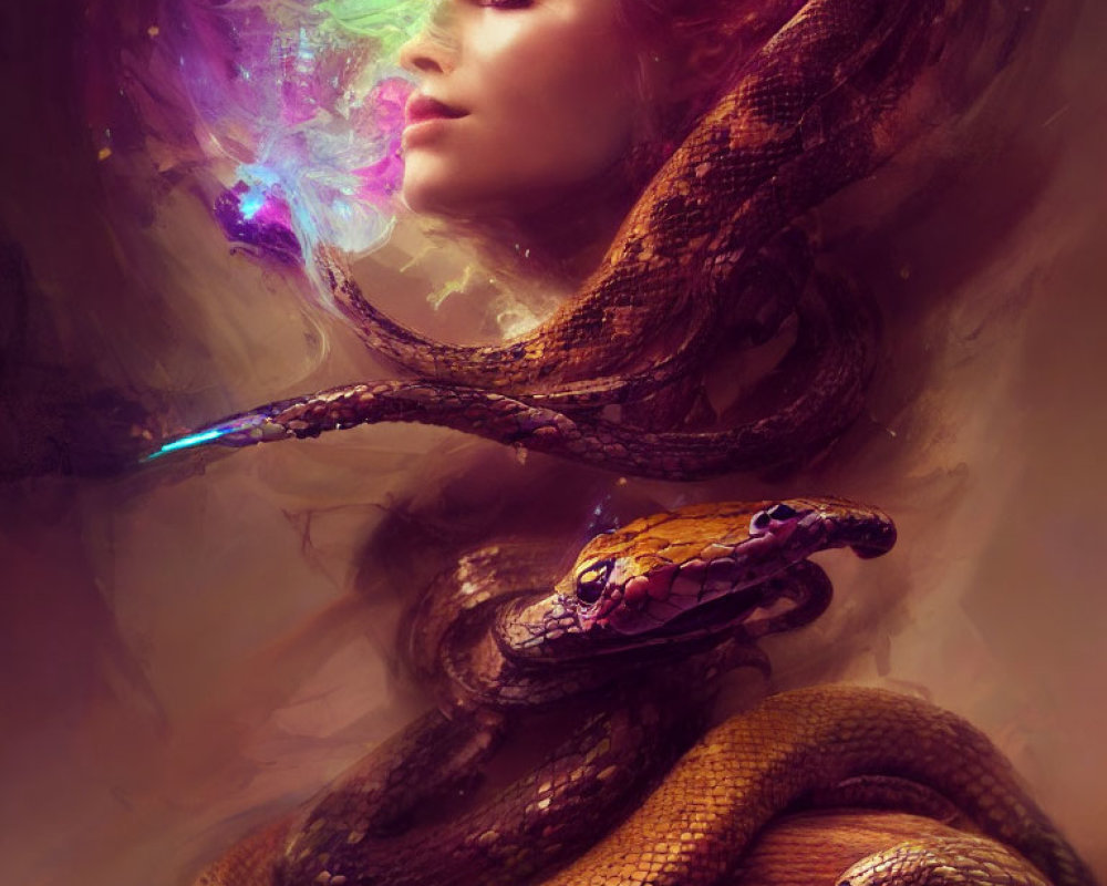 Surreal portrait: Woman with serpents in purple and gold swirl