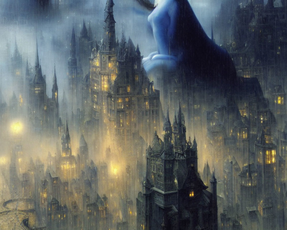 Eerie ghostly figure over misty gothic cityscape at twilight